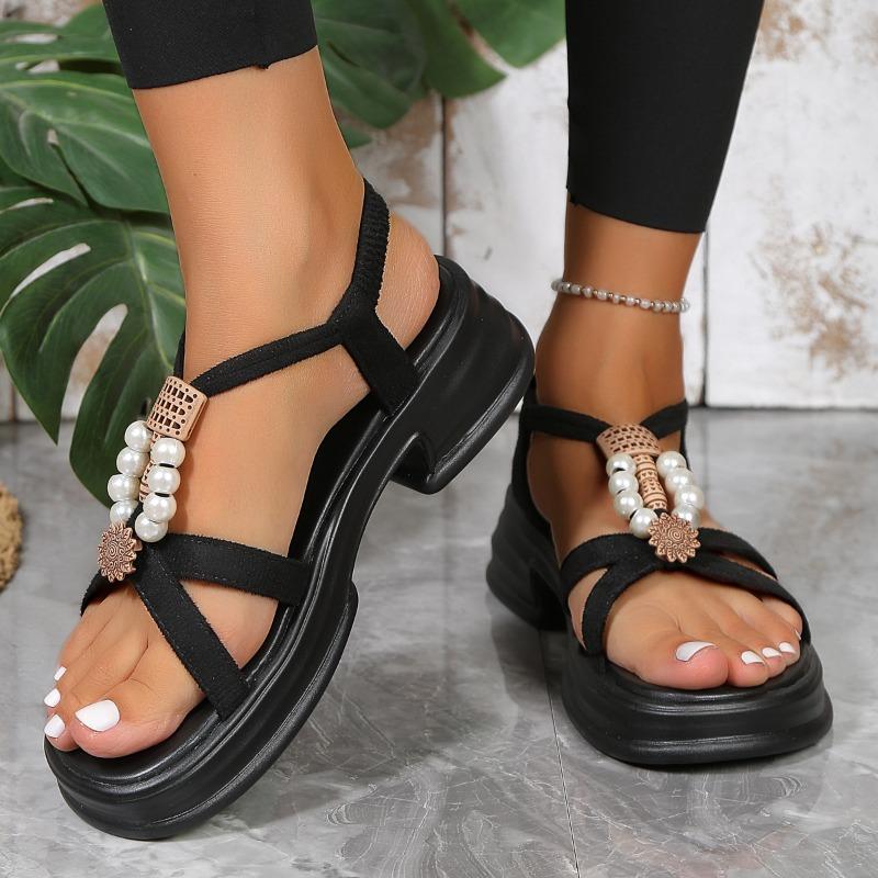 Plateausandalen Damen Sommer neu runder Zeh dicker Absatz elastisches Band Fuß Perlen Muffinsohle Sandalen