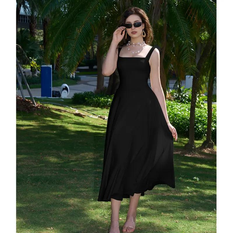 Damen Dickes Träger Square Neck Rückenbindung Figurbetontes Maxikleid A-Linie Party Abend Langkleid