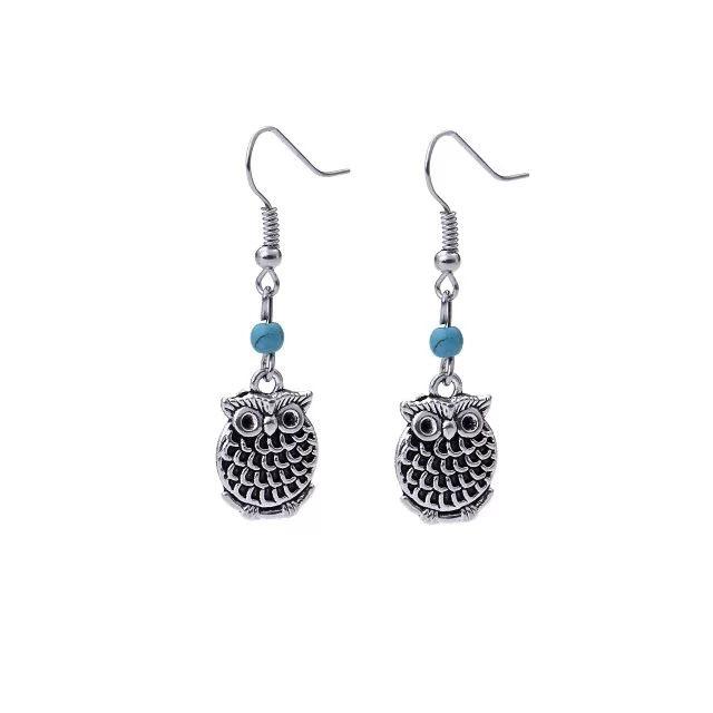 Turquoise Earrings, Bohemian Palm Owl Bronze Engraved Geometric Dream Catcher Feathers Fringed Earrings