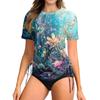 Women's Printingr Short-sleeved Sun Swimsuit Lightweight Adjustable Lace-up Swimsuit