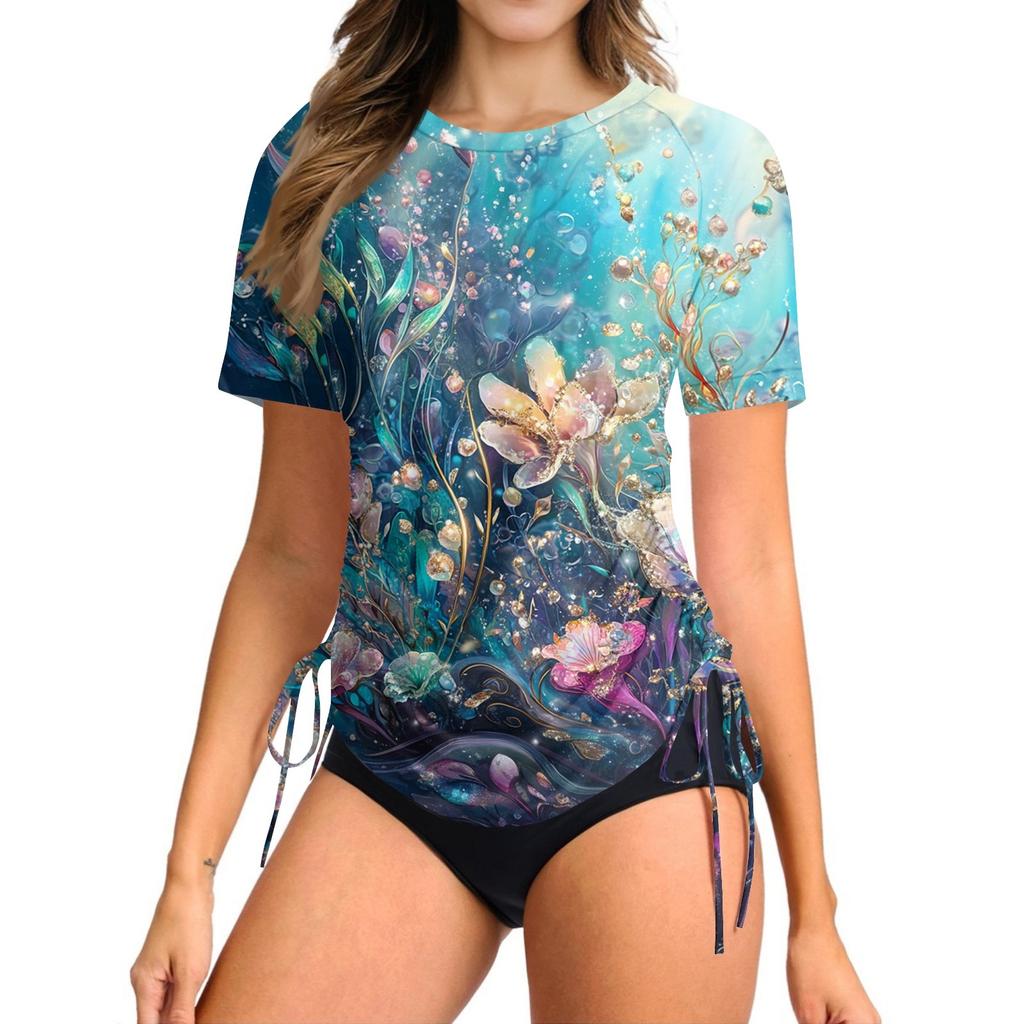 Women's Printingr Short-sleeved Sun Swimsuit Lightweight Adjustable Lace-up Swimsuit