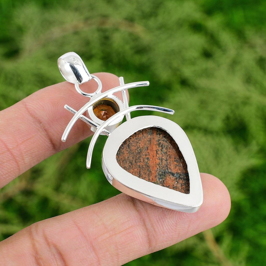 Daughters Day Sale 925 Silver Grass Garnet Stone Citrine Bezel Pendant Jewelry