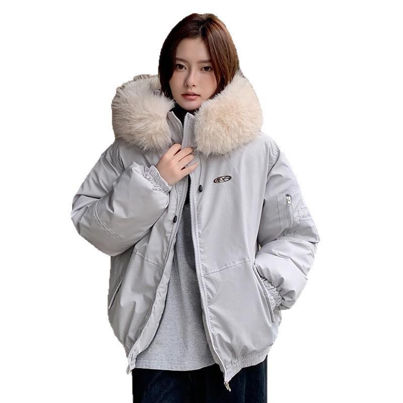 Womens Short Puffer Coat With Faux Fur Hood Winter Warm Cotton-Padded Jacket Loose Fit Casual Style