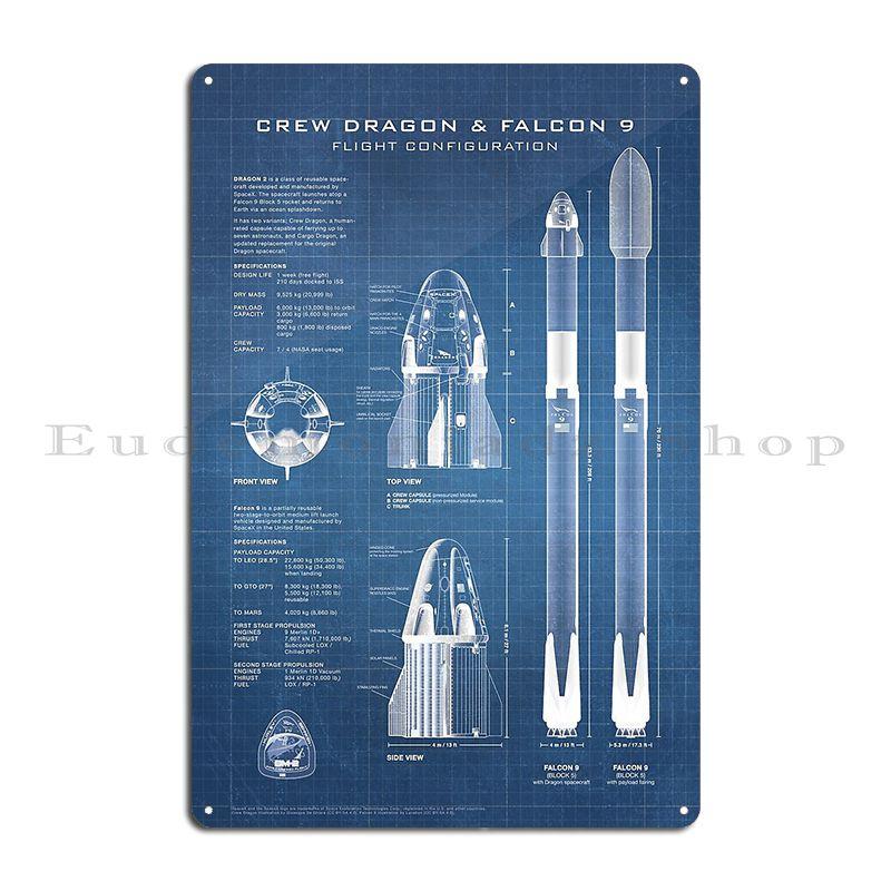SpaceX Crew Dragon Statek Kosmiczny i Rakieta Falcon 9 Schemat Metalowe Płaskorzeźby Mural Klub Bar Garaż Klub Blaszany Znak Plakat