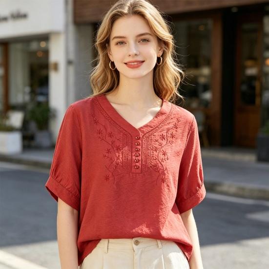 Women Tops V-Neck Embroidery Flower Pattern Short Sleeve Pullover Tops Loose Fit Pure Color Summer T-shirt