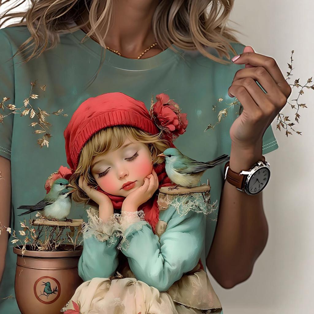 Cute little girl pattern women's short-sleeved T-shirt