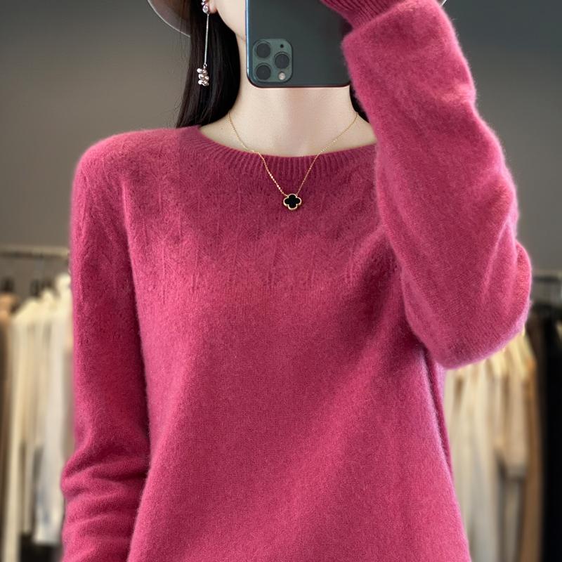 Women's Round Neck Sweater, Qinghe Cashmere, 30% Cashmere 70% Wool, Hollow Winter Knitted Pullover Autumn Sweater Cashmere Sweater