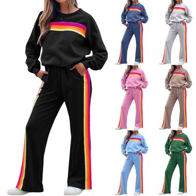 Fashionable Women's Round-Neck Loose Color-Striped Elastic Waist Sweatpants Set