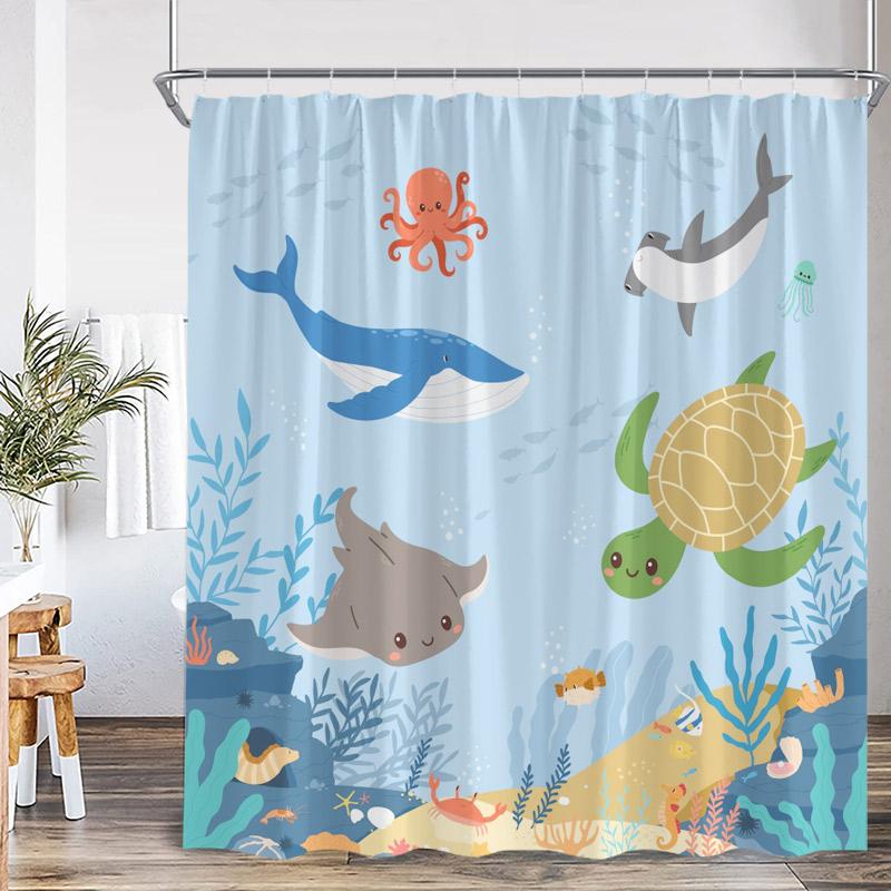 Cartoon Ocean Animals Shower Curtain Shark Dolphin Octopus Starfish Conch Kids Bath Curtains Polyester Bathroom Decor With Hooks