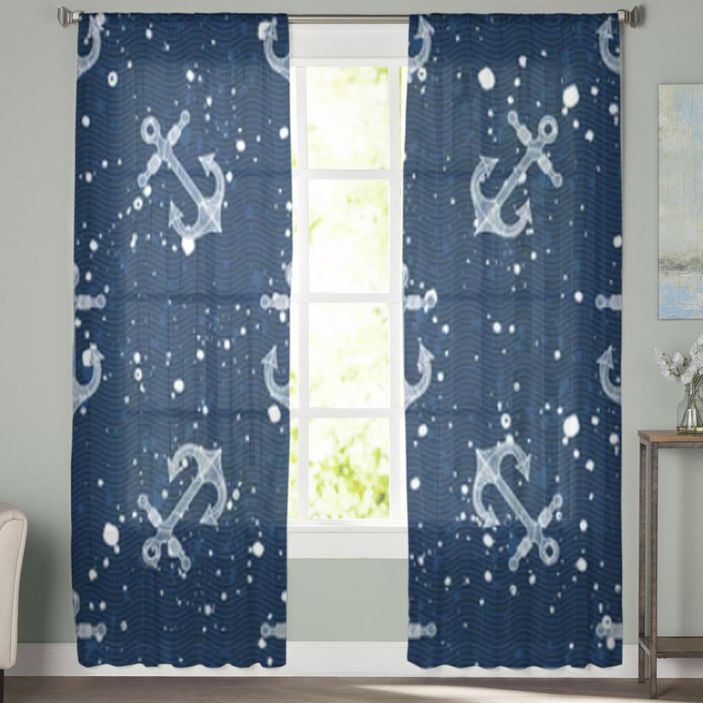 Ankare Mörkblå Skira Gardiner för Vardagsrum Transparent Tyll Fönsterbehandlingar Sovrum Kök Heminredning Slöja Draperier