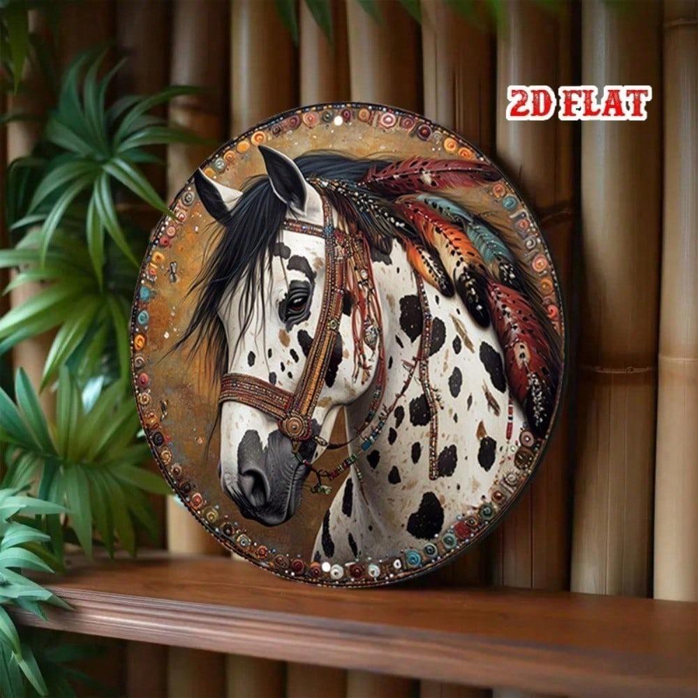 1pc Round Metal Wall Decor Beaded Appaloosa Horse Retro Western Tin Sign 7.8x7.8 Inch for Home Bar