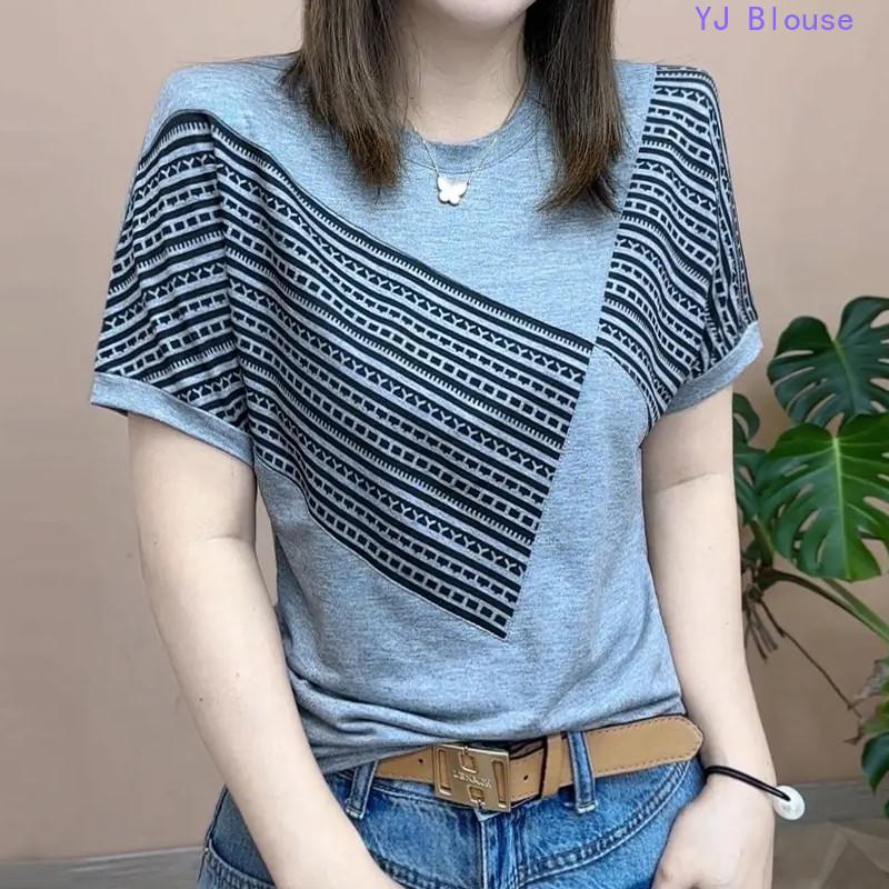 

Striped shirt plus size women s summer fashion multifunctional round neck short sleeved T-shirt XS