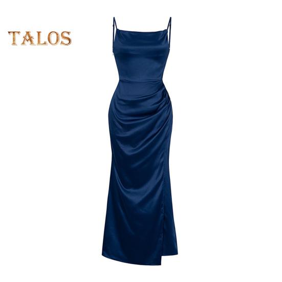 

Женское атласное облегающее платье с тонкими бретельками, боковая комбинация, длинное платье с воротником-хомут, сексуальное клубное платье миди для вечеринок, дней рождения, свадеб S синий