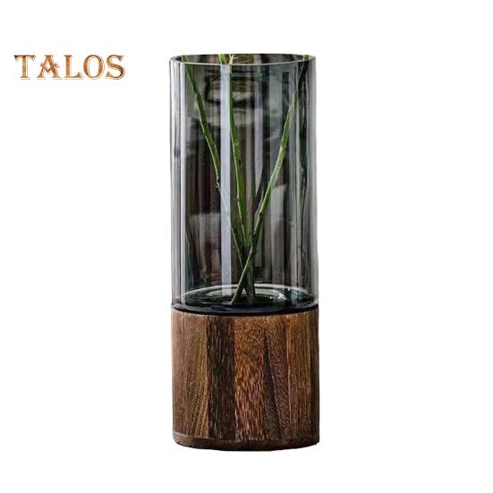 Klar Glass Sylinder Blomstervase med Trebunn Rustikk Bryllupsfest Spisebord Midtpunkt Hydroponisk Blomsterholder Gjennomsiktig Plantebeholder