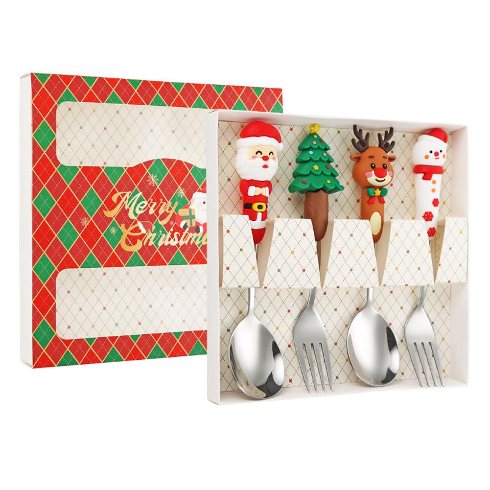 4 STÜCKE Weihnachtsgeschirr Edelstahl Besteck Dessertgabel Kaffeelöffel Weihnachtsmann Besteck Mit Luxus Geschenkbox Für Weihnachten
