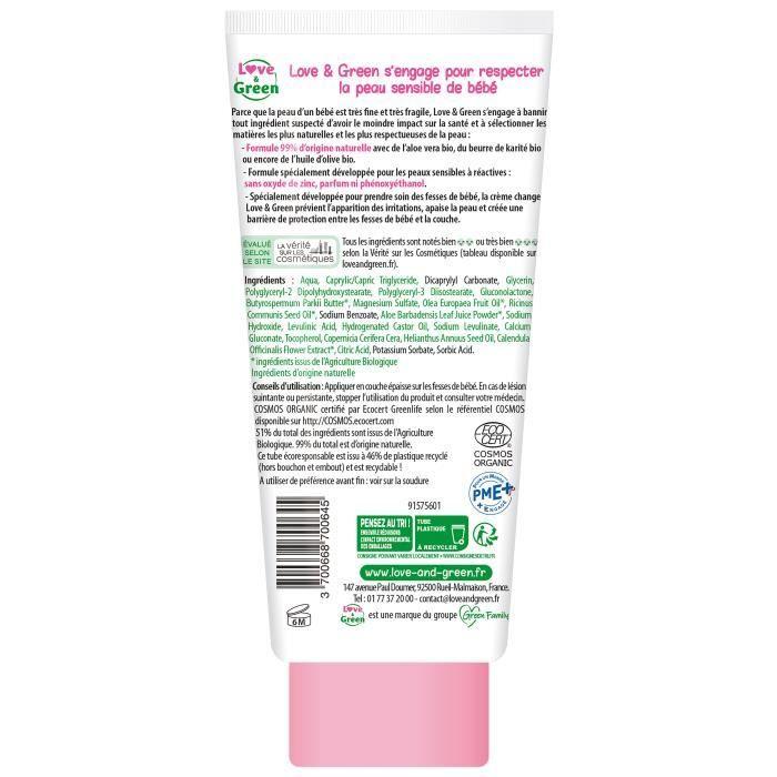 LOVE &amp; GREEN Crème Change Bio sans oxyde de zinc - 100 ml