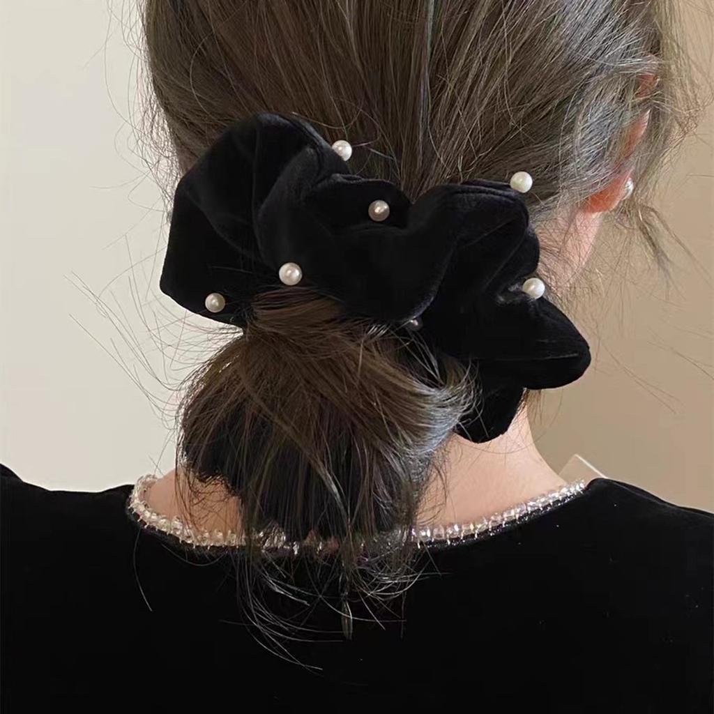Elastic Faux Pearls Embellished Pleated Scrunchies Hair Tie Fashion Accessory For Special Occasion or Daily Styling