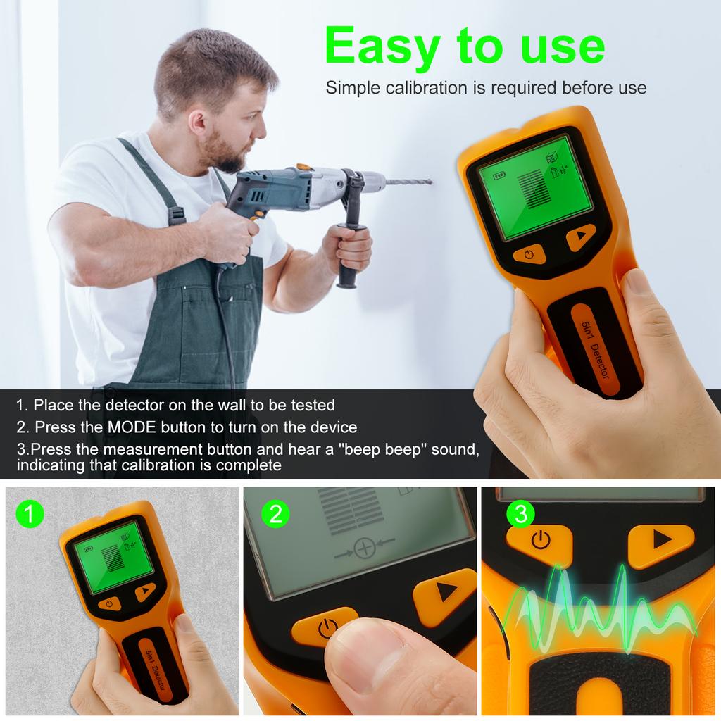 5-in-1-Ständererkennung Wand-Holz-Scanner Digitaler Handheld-Wanddetektor Spannungsführende Wechselstromleitungen Kabel PVC-Wasserleitung Metallfinder-Scanner