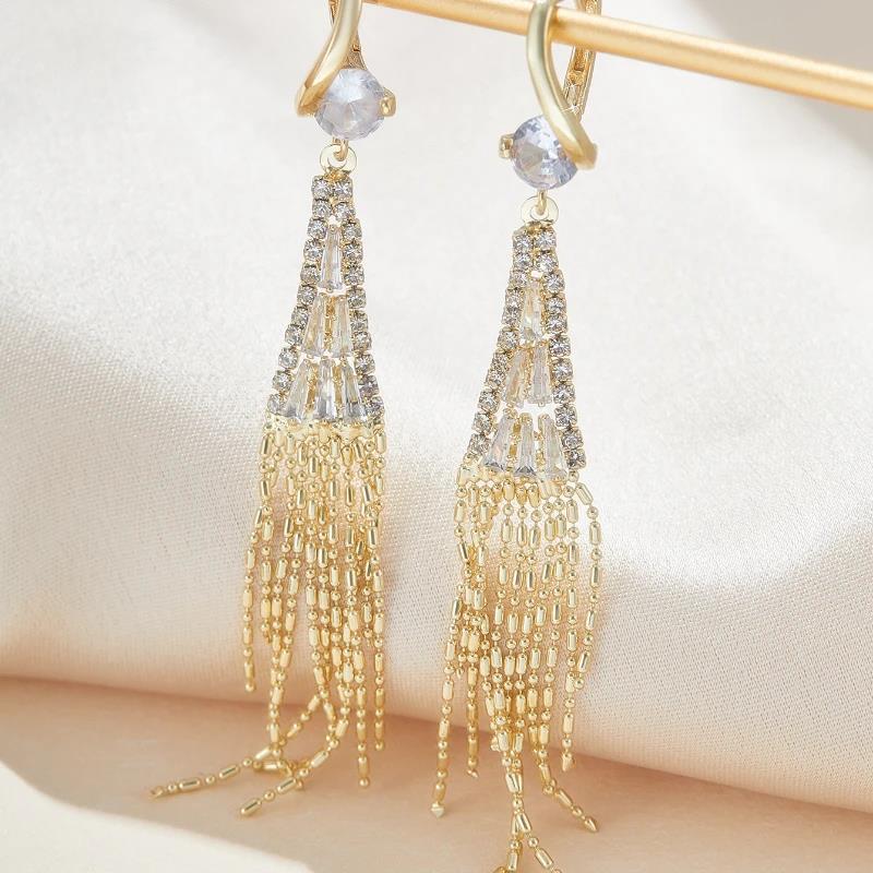 Luxury Cubic Zirconia Long Tassel Golden Earrings for Women Exquisite Water Drop Earring Wedding Party Valentine's Day GiftsGood Product