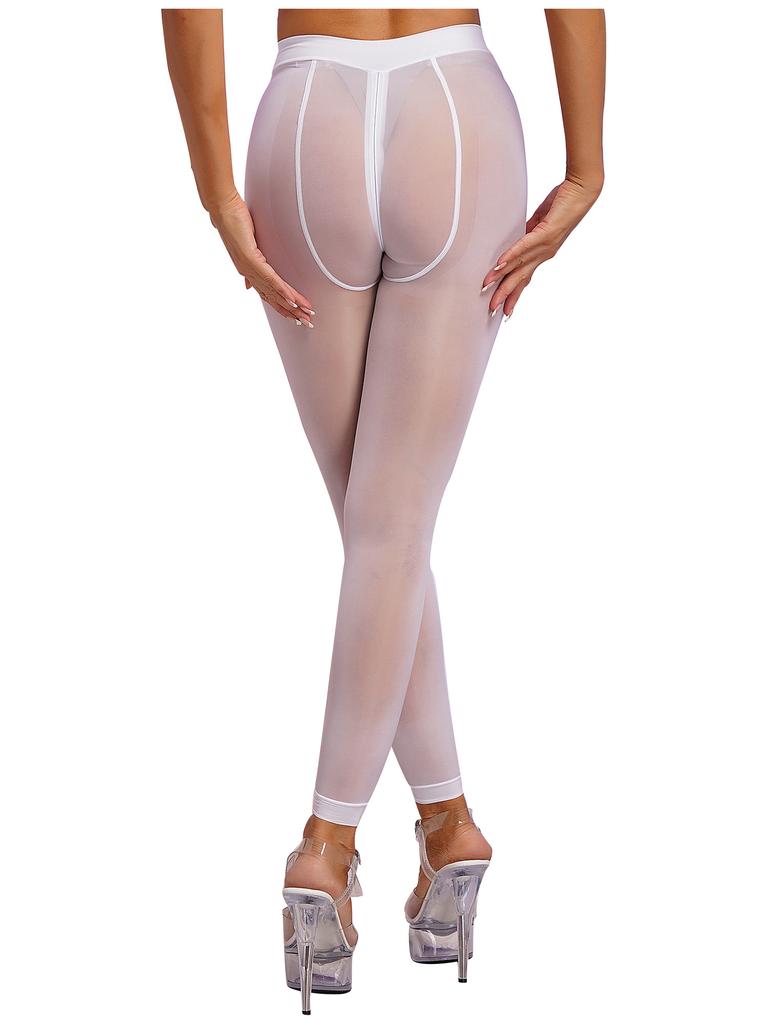 Womens Solid Color Skinny Leggings Glossy Sheer Tights Pantyhose Stretchy Zipper Crotch Tights Pants Stockings See-through