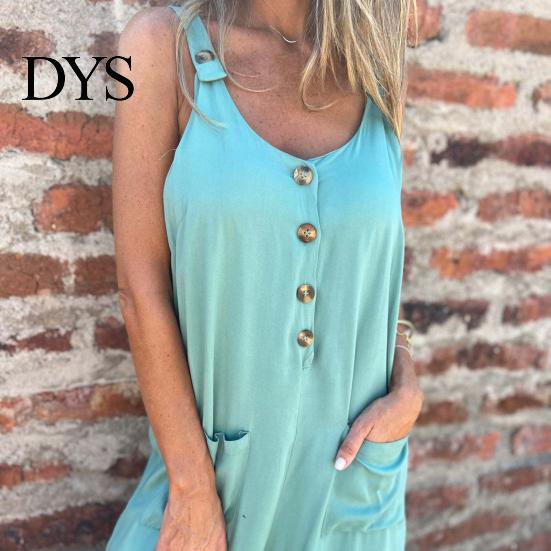 Suspenders Jumpsuit Summer Women V Neck Sleeveless Loose Wide Leg Button Decor Pure Color Deep Crotch with Side Pockets Casual Vacation Homewear