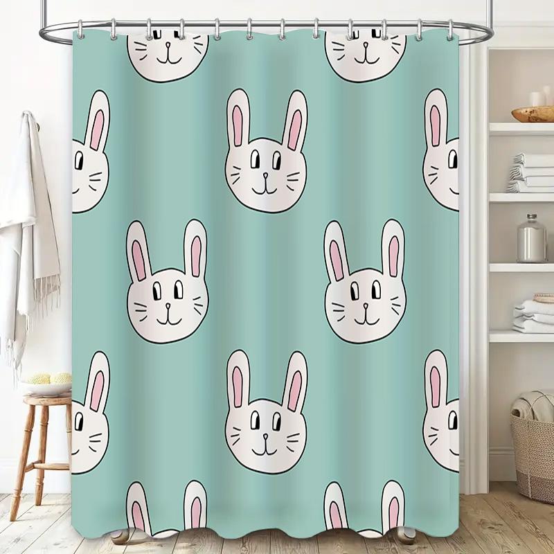 Blue Bunny Rabbit Printed Shower Curtain Waterproof Bath Decorative Rug Fabric Hanging Home Decoration Bathroom Accessories