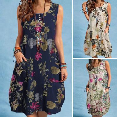 Boho Sukienka Plażowa Letnia Vintage Sukienka Bez Rękawów do Kolan Holiday Vestidos Sarafany