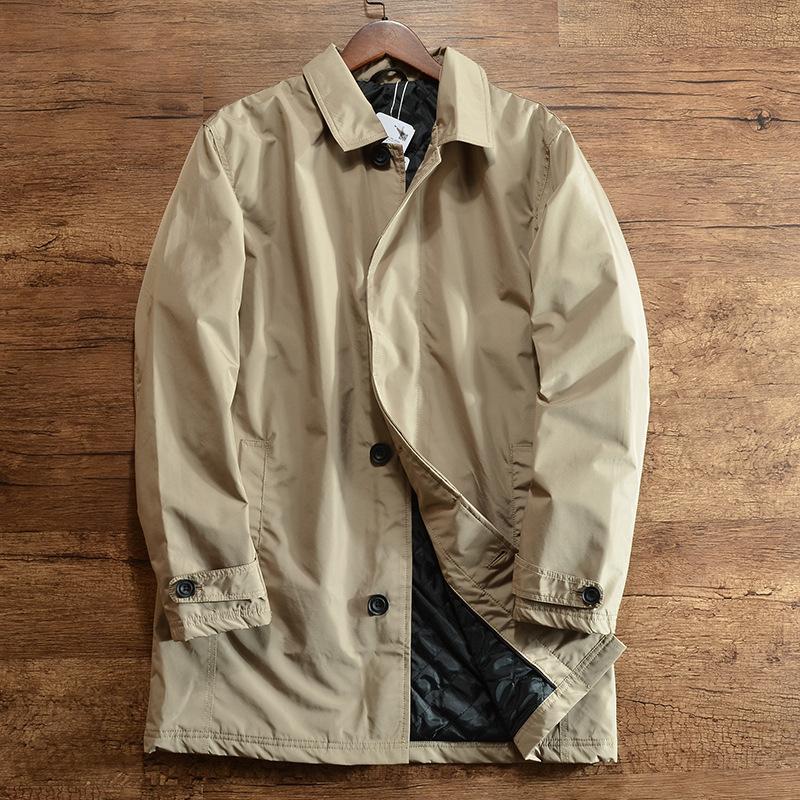Men's Winter Simple Windbreaker Cotton Jacket Medium Length Lapel Trench Coat Causal Button Up Top