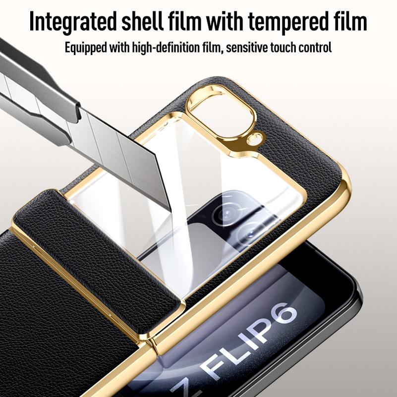 Electroplate Spring Hinged Plain Leather Tempered Glass Protect Case For Samsung Z Flip 6 5 Galaxy Z Flip6 5 All-inclusive Cover