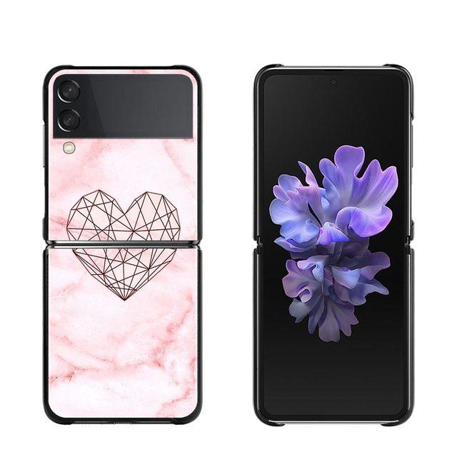 Pink Marble Flower Phone Case For Samsung Galaxy Z Flip3 5g Back Pc Case For Samsung Z Flip Capa Black Shell Hard Fundas