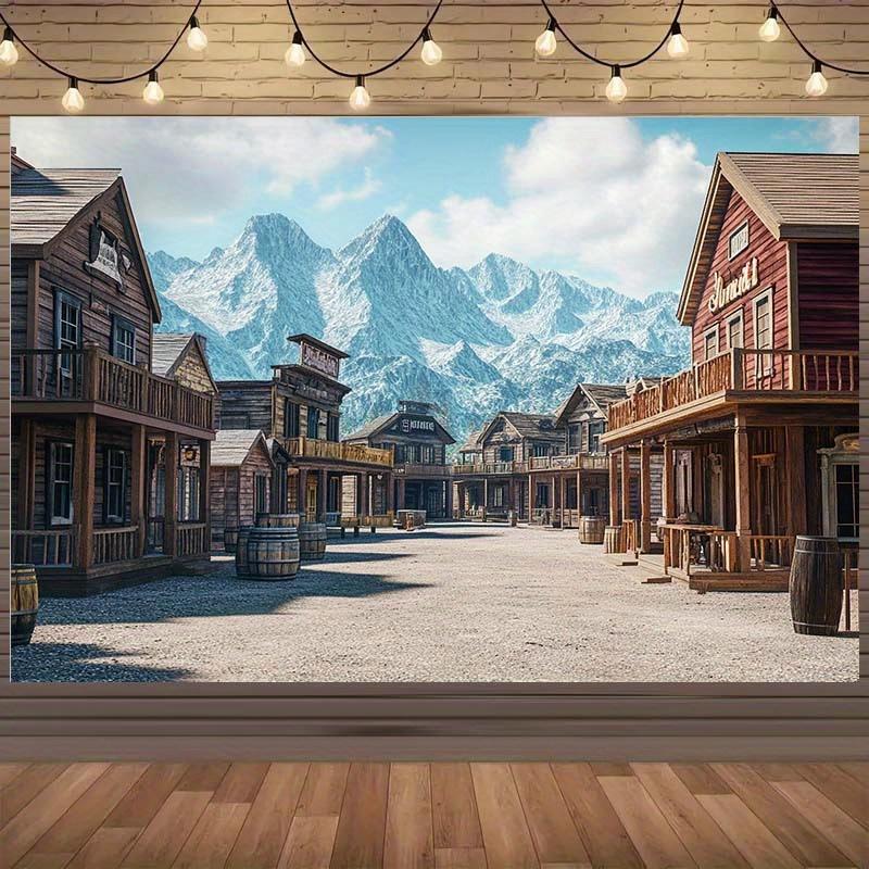 1pc Western Town Theme Background with Wooden Bar Rural Bucket and Snow Mountain