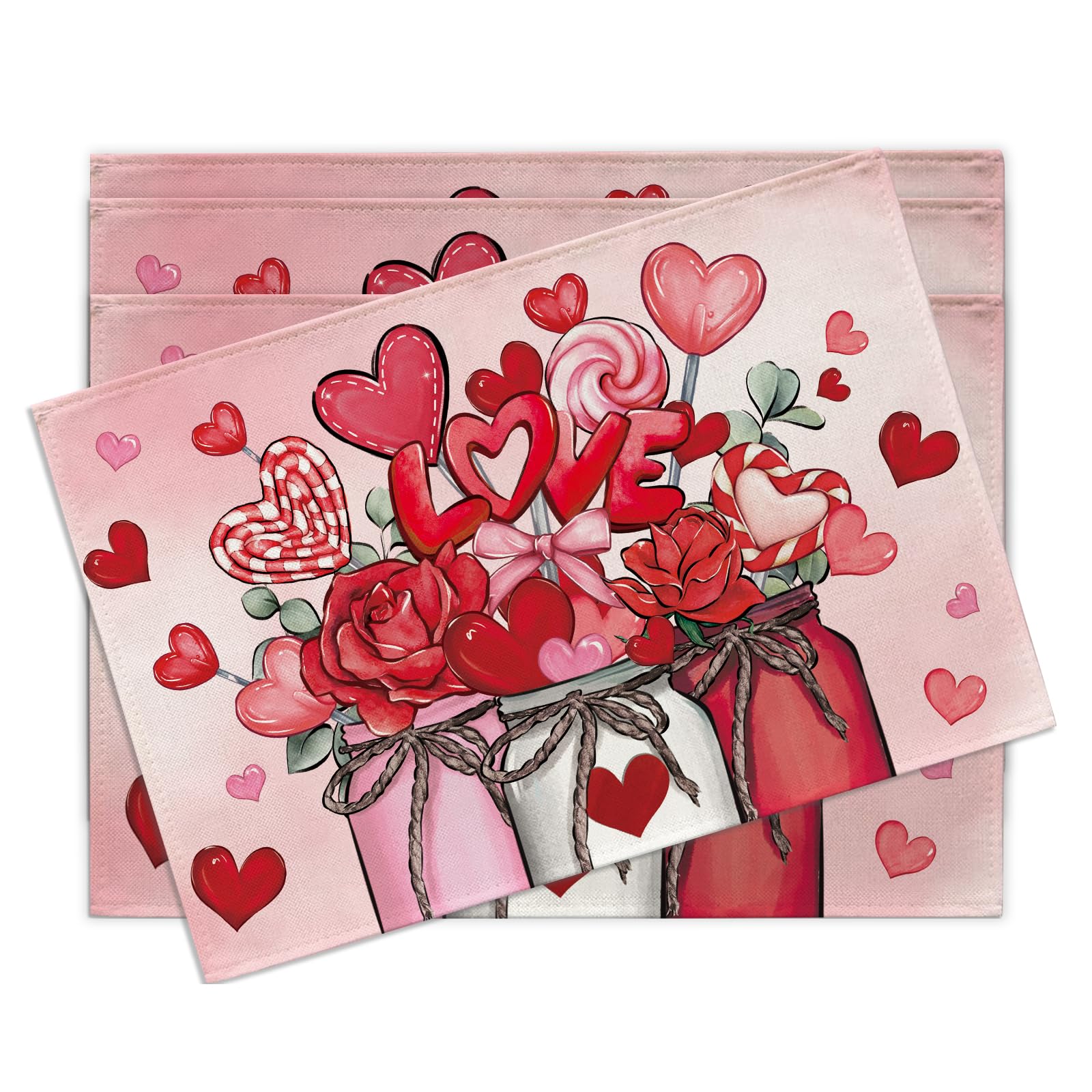 

Valentines Day Placemats Set of 4, Red Pink Love Heart Buffalo Plaid Dining Place Mats Table Decor 4Pcs-12 X18