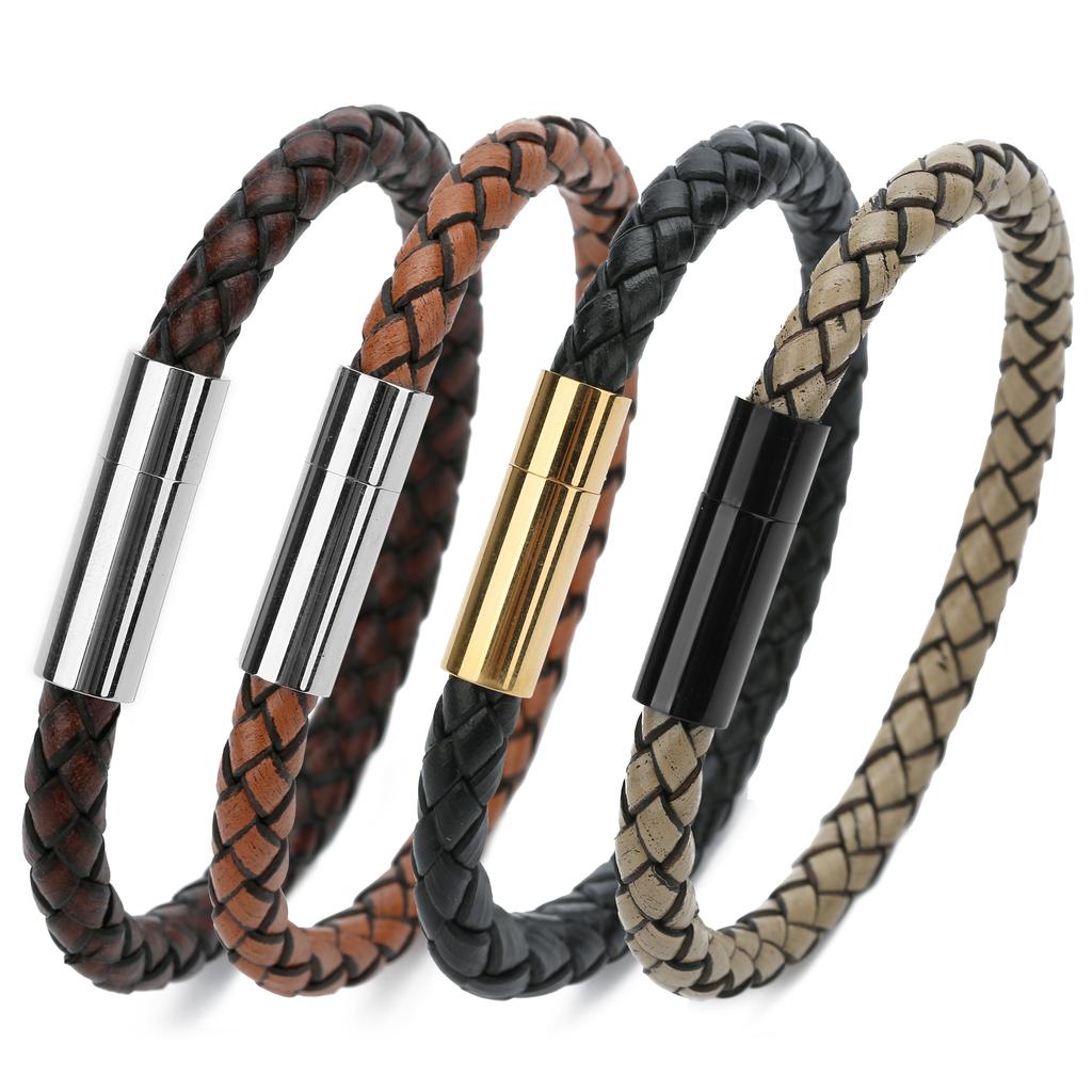 1pc 20cm Simple Design Men's Bracelet Genuine Leather Braided Stainless Steel Magnetic Buckle Bangle For Women Men Jewelry Gifts