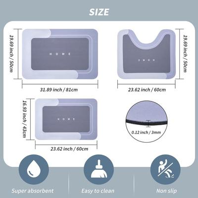 3PCS Anti-Slip Bath Mat Set, Super Absorbent Quick Dry Rug for Bathroom Floor, U-Shaped Toilet Mat, Kitchen & Living Room Carpet