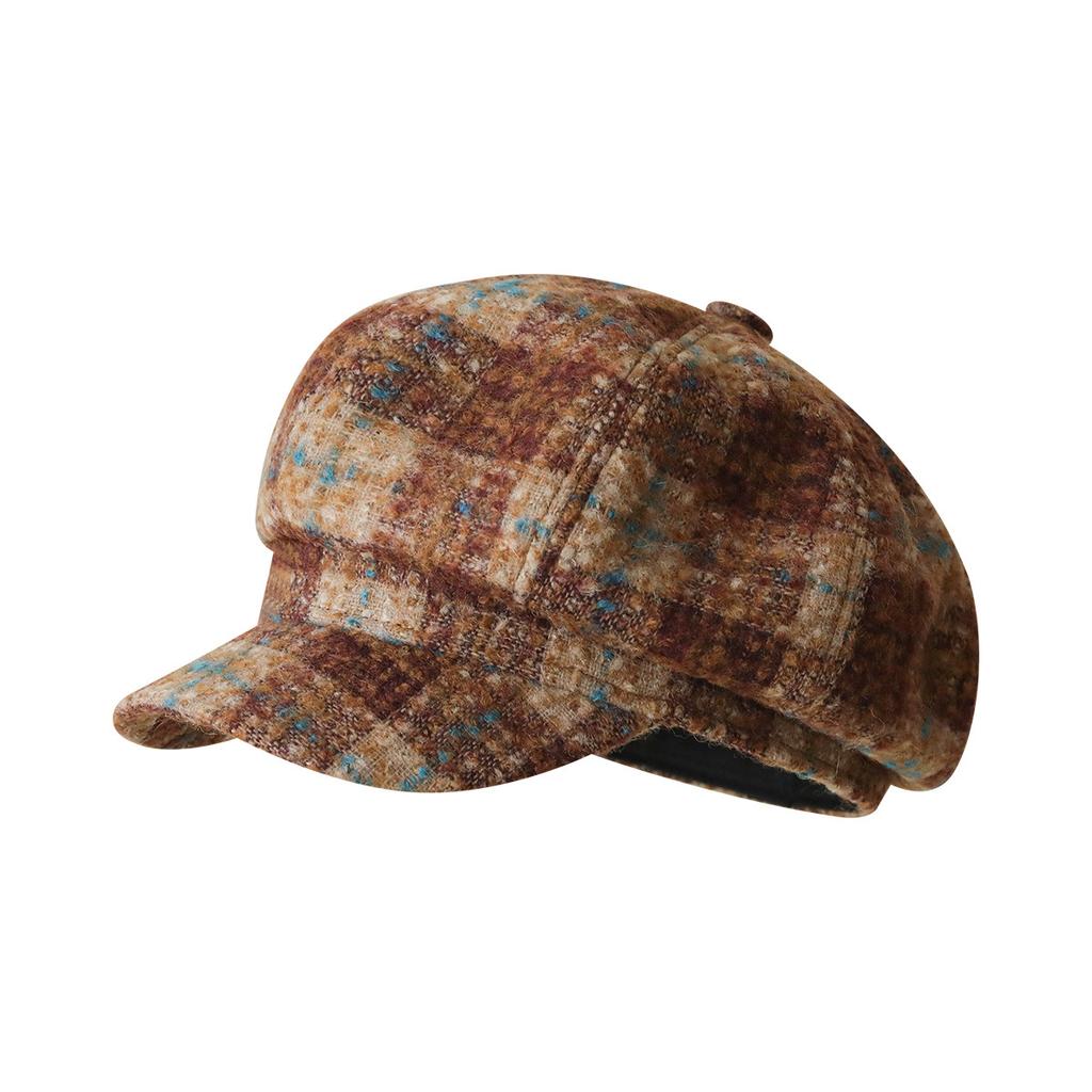 Plaid Hat Retro Coffee Colored Beret Autumn And Winter Plaid Octagonal Hat Equestrian Hat Multiple Newsboy Hats