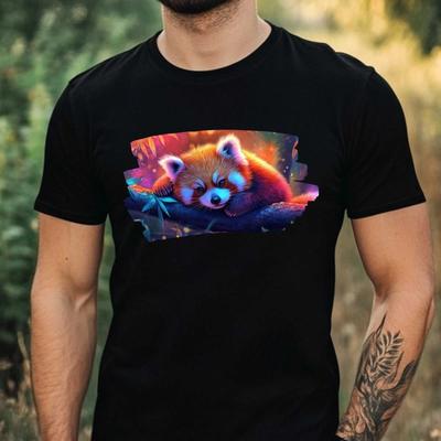 T-Shirt Herren Neon Roter Panda Motiv Baumwolle Größe XS Bis 5XL
