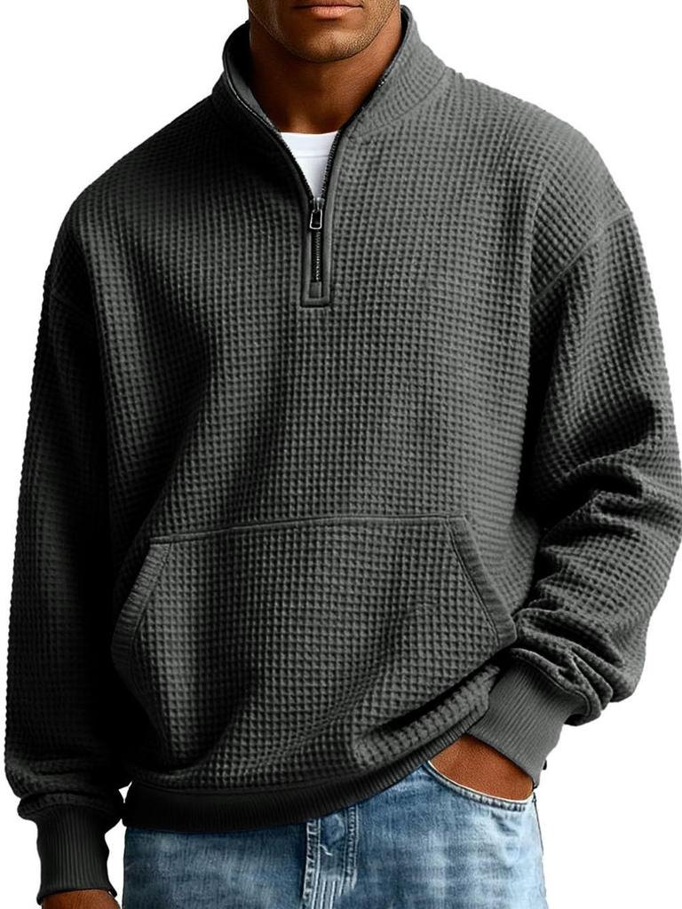 Men's American-Style Zipper Waffle Knit Hoodie - Solid Color, Loose Fit