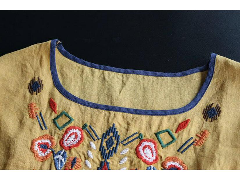 T-shirt d'été ethnique pour femmes en coton lin brodé - Coupe ample rétro, polyvalent grande taille, haut à manches courtes