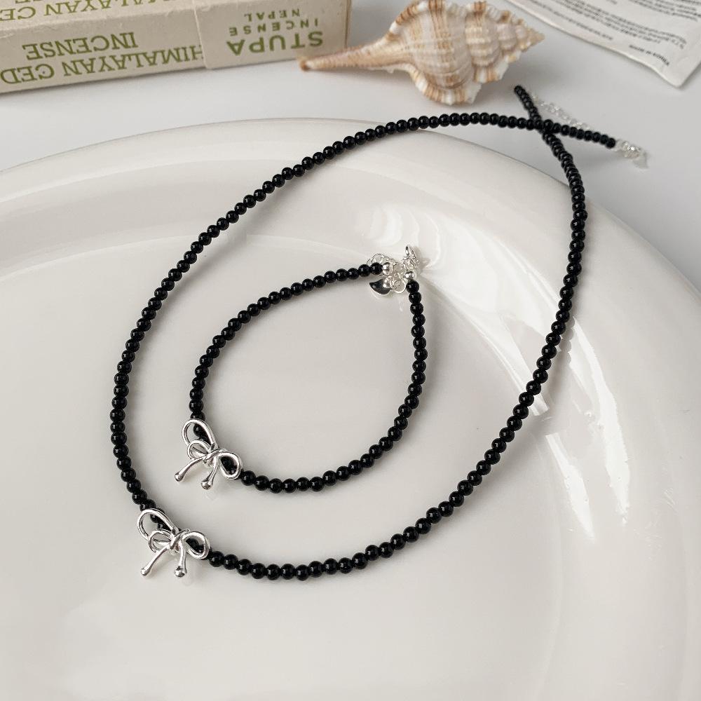 

Black Agate Bow Necklace & Bracelet Set, Women s S925 Sterling Silver S925 Silver