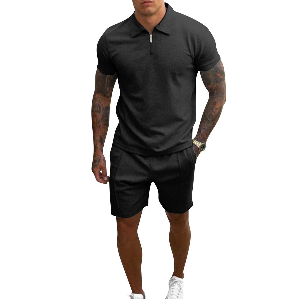 Men’s Short Sleeve Polo Shirt and Shorts Set with Zipper Collar Athletic Fit Casual Two Piece Outfit for Summer Wear