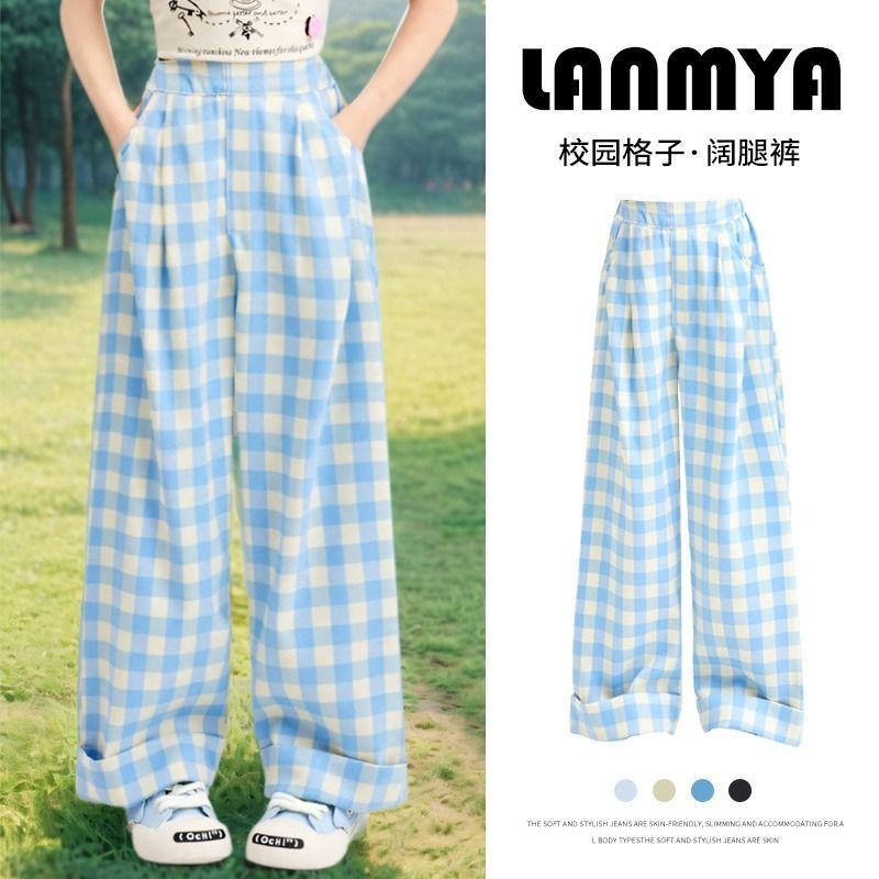 Girls Summer Sweet Blue Plaid Pants for Big Kids Comfortable Casual Trousers