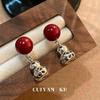 Cui Yan S925 Sterling Silver Chinese Style Red Cinnabar Gourd Stud Earrings for Women - New Year Edition