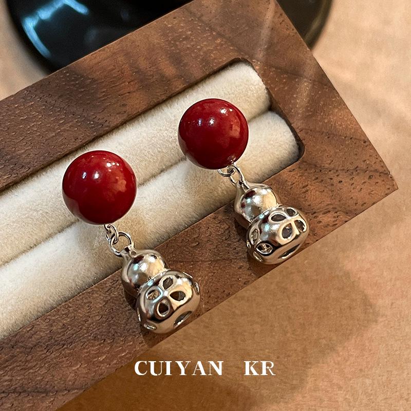 Cui Yan S925 Sterling Silver Chinese Style Red Cinnabar Gourd Stud Earrings for Women - New Year Edition