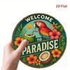 Welcome To Paradise Vintage Teal Metal Sign with Red Macaw and Tropical Flowers Decor