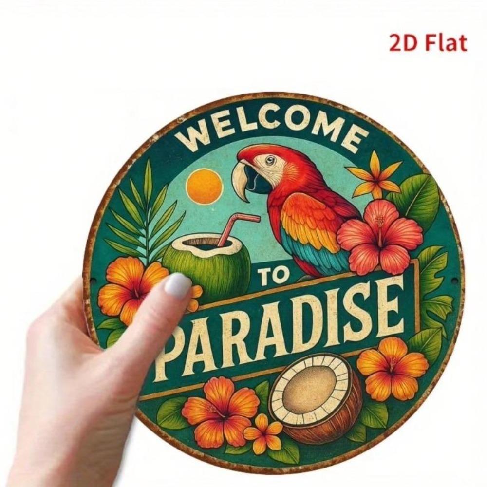 Welcome To Paradise Vintage Teal Metal Sign with Red Macaw and Tropical Flowers Decor