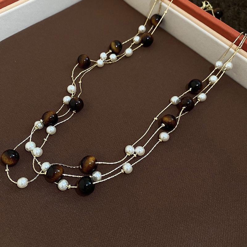 Retro Pearl Tiger Eye Layered Necklace: High-End Fashion Sweater Chain
