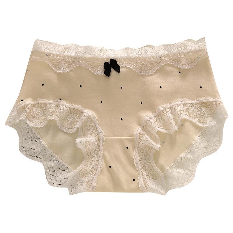 Female Spring and Summer Retro Pure Color Polka Dot Bow Lace Lace Cotton Crotch Triangle Briefs