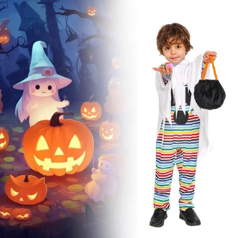Halloween Child Costume For Kids With Polyester Fabric And Playful Striped Ghost Design For Party Performance