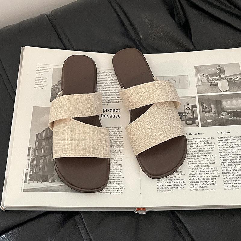 Stylish, simple and versatile linen square-headed open-toed flat-bottomed slippers for women's 2025 summer outdoor wear home beach cool slippers