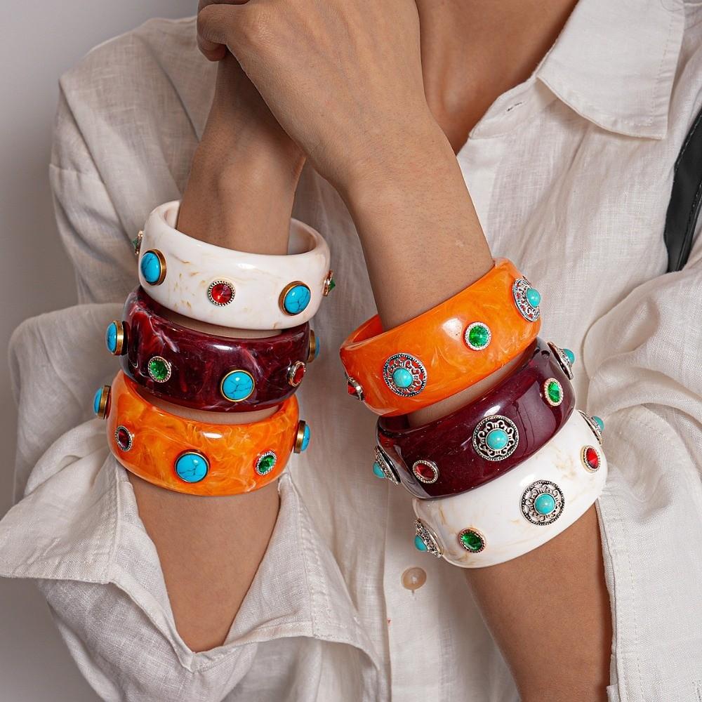 Wide Turquoise Acrylic Bracelet Turquoise Retro Hand Ring Acrylic Rhinestone Bangle  Friend Gift